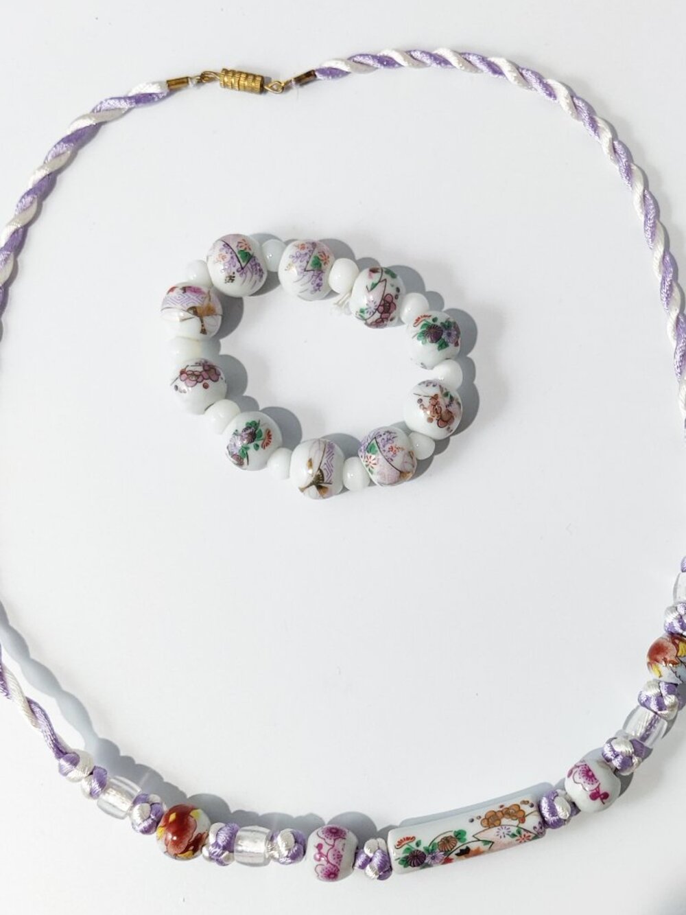 Vintage Porcelain Bead Necklace Bracelet Set